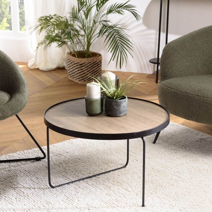 Julia - mesa de centro redonda 60x60cm moca asimétrica patas de metal negro