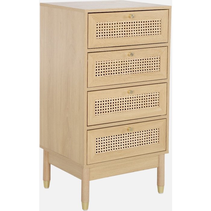 Cómoda con decoración de madera y mimbre, 4 cajones natural - 50x40x96 cm
