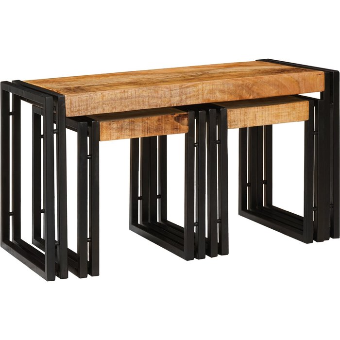 Mesa nido 3 pcs marrón y negro madera de mango sólida y metal vidaxl