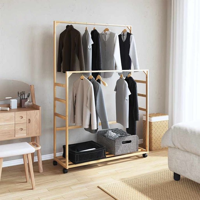 Perchero con estantes y ruedas 90x35x155 cm bambú - comfortxl
