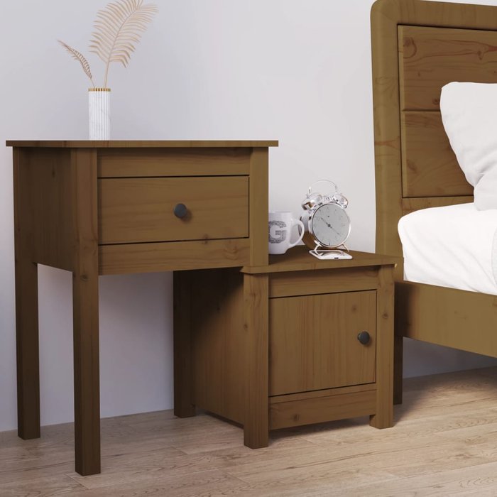 Mesita de noche, color miel, 79,5 x 38 x 65,5 cm, madera maciza de pino.