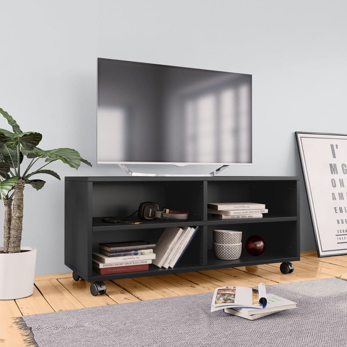 Mueble de tv con ruedas madera contrachapada negro 90x35x35 cm