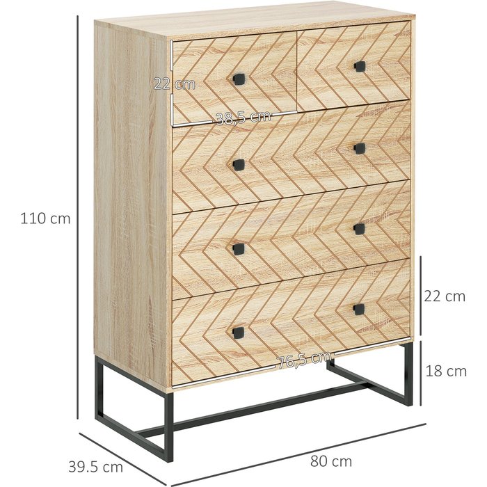 Cómoda 5 cajones estilo retro madera natural y negro 80x39,5x110cm salón pasillo