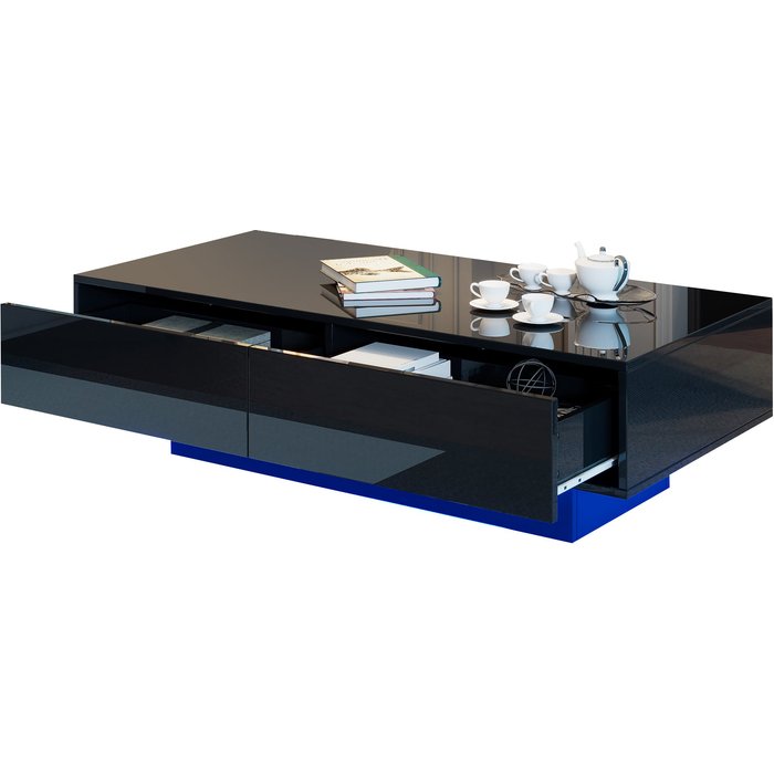 Mesita de café 115x55x34cm 2 cajones led carga 30 kg negro brillante salón