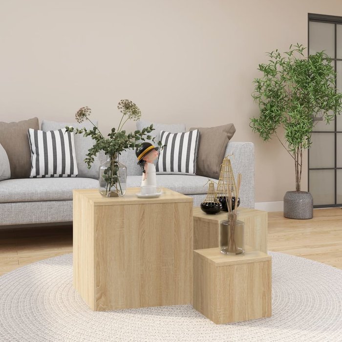 Mesas auxiliares 3 pzas madera contrachapada color roble sonoma - comfortxl
