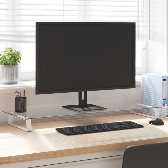 Soporte para monitor blanco de 100x35x8 cm, de cristal templado y metal.