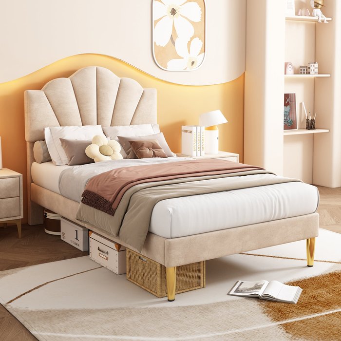 Cama infantil de terciopelo - 90x200cm - cabecero en forma de concha - beige