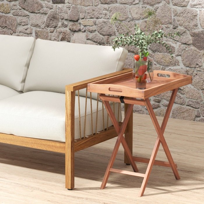 Mesa auxiliar plegable de acacia con bandeja té desmontable 68x44x74cm camping