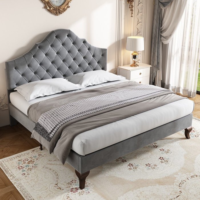 Cama infantil 90*200 con somier y cabecero, terciopelo, gris