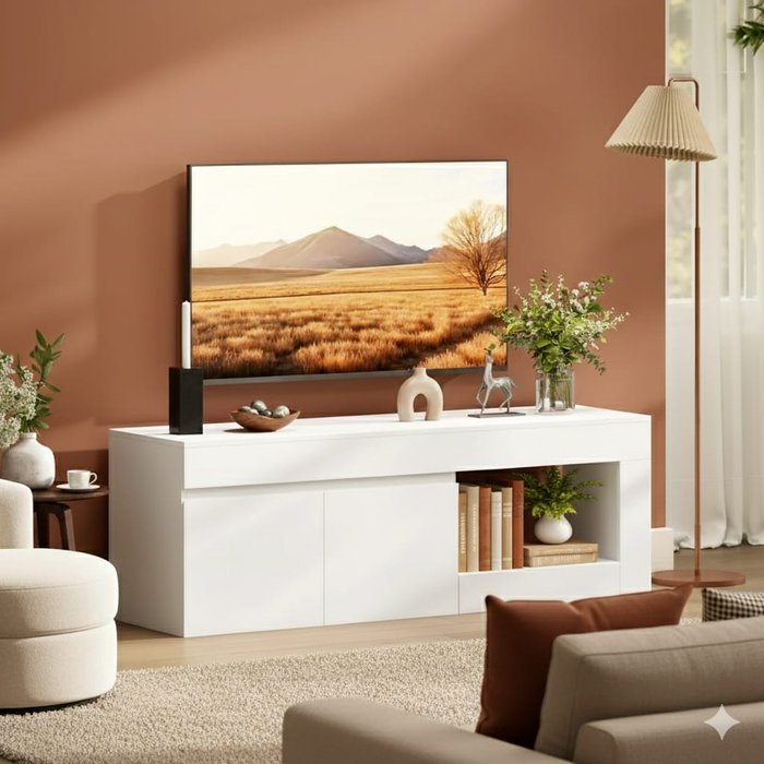 Essenza mueble tv blanco 140cm para tv 60 con armario y estante