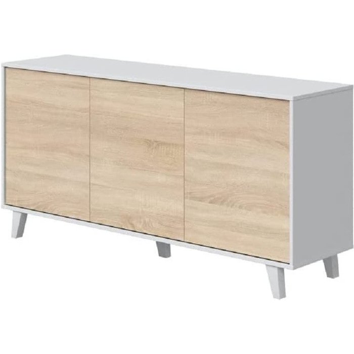 Aparador de 3 puertas, color blanco brillo y roble canadian