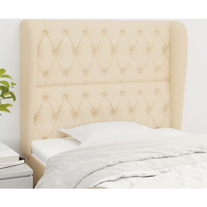 Cabecero con orejas de tela color crema 103x23x118/128 cm