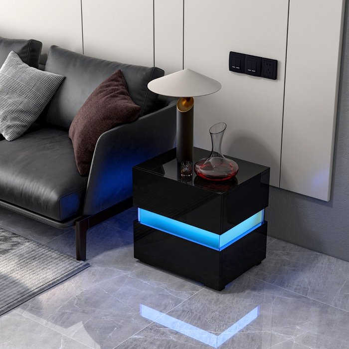 Mesita de noche | mesilla de noche led con cajones negro 45x35x45 cm csw40947