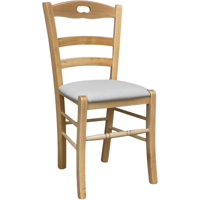 Asiento de madera de loris natural con ecopiel imbottita gris claro