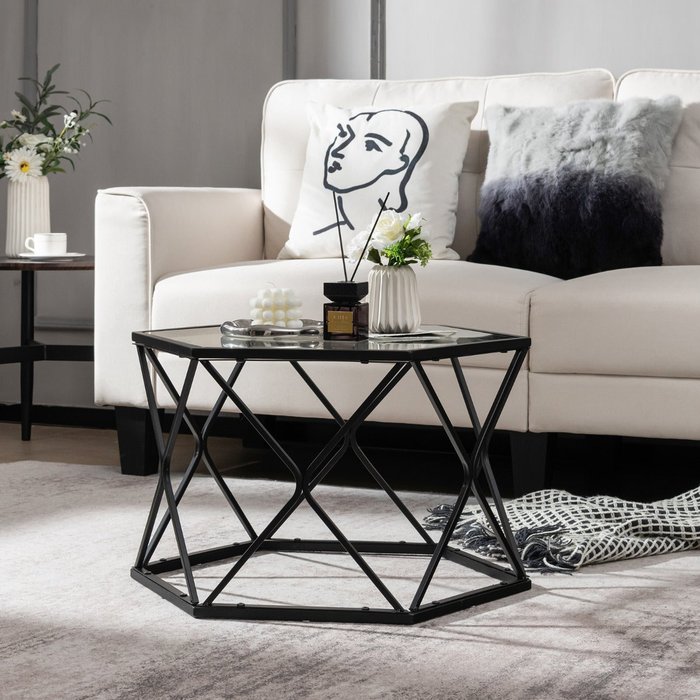 Mesa de centro hexagonal cristal templado patas metálicas 65x56x40cm negra