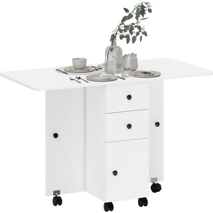 Mesa plegable con ruedas y cajones 120x60cm blanca multifuncional