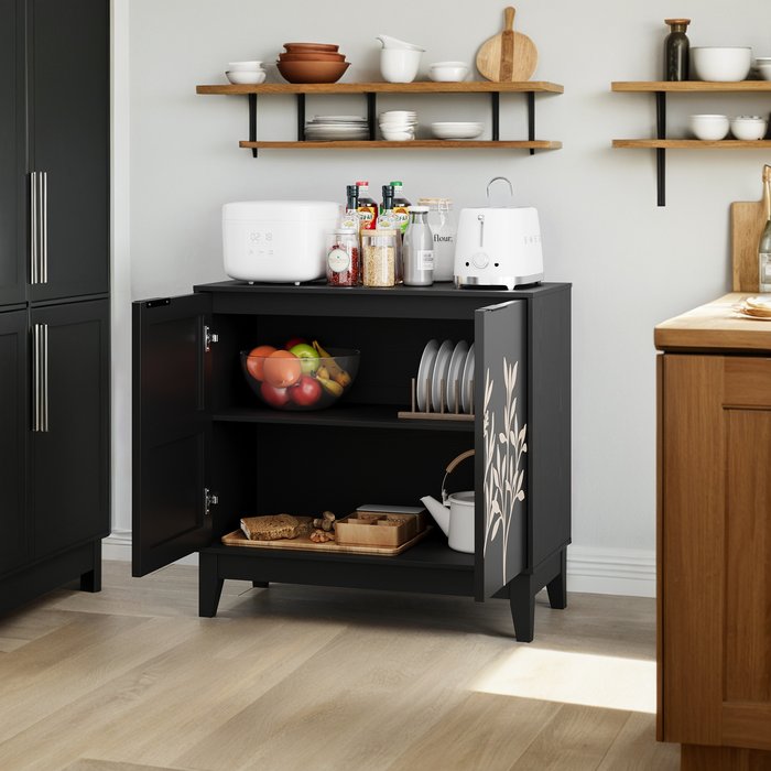 Aparador 80 cm, doble puerta con talla floral, estantes ajustables, mdf negro