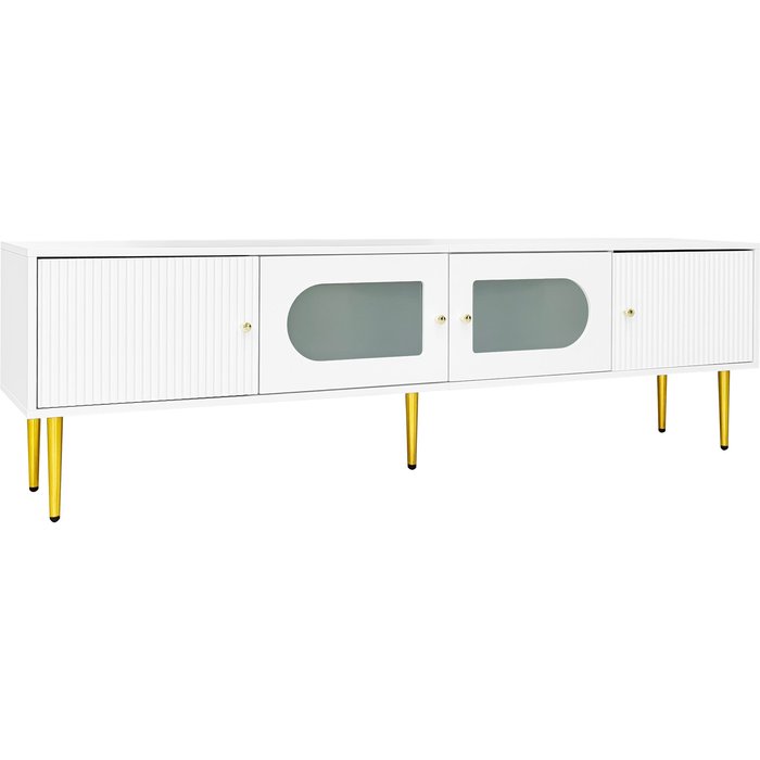 Mueble de tv 170cm moderno blanco con patas doradas y vidrio arqueado 35kg
