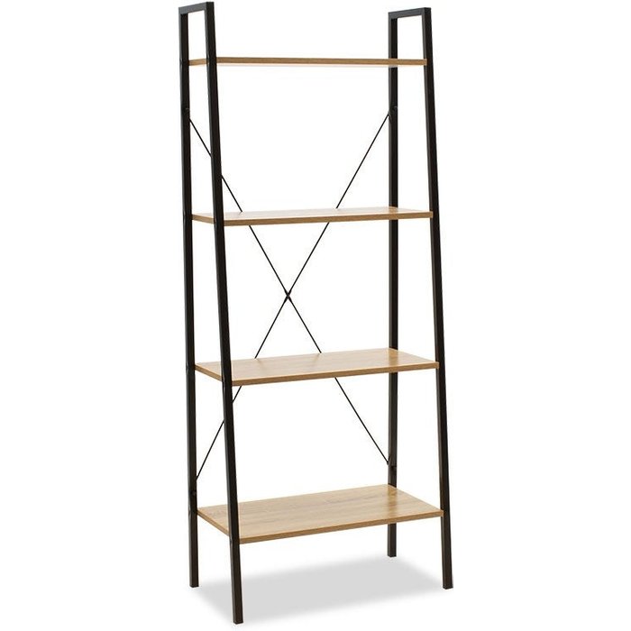 Librería moderna color roble con marco de metal negro, 60x23x145,5 cm