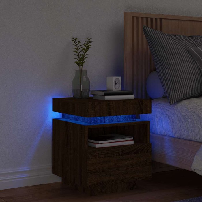 Mesita de noche con luces led, roble marrón, 40x39x48,5 cm