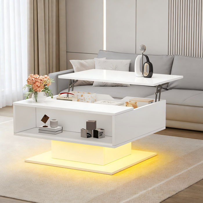 Mesa de centro elevable 75 cm, tablero con led, hueco, blanco