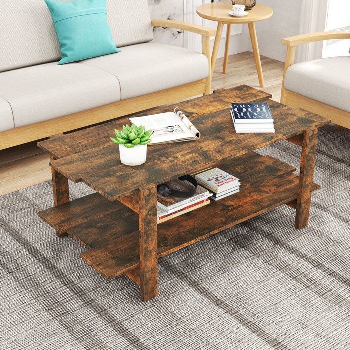 Mesa de centro 2 niveles con estante - madera rectangular marrón 115x59cm