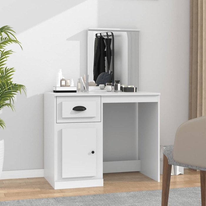 Tocador con espejo blanco 90x50x132,5 cm de madera contrachapada