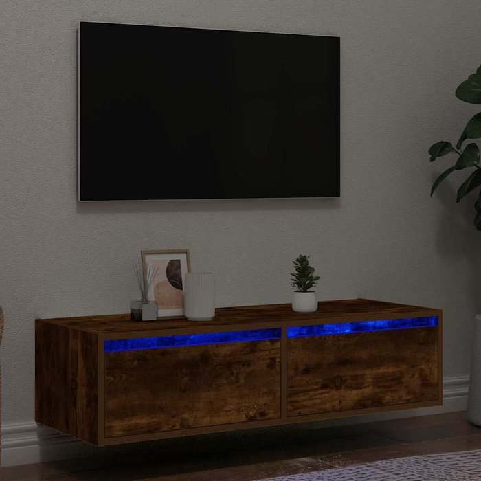 Mueble tv con luces led roble ahumado 100x35,5x25 cm