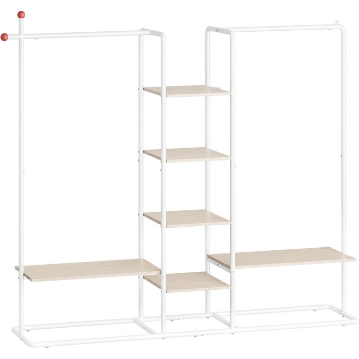Perchero, armario abierto, 6 estantes de almacenaje, 2 barras, beige y blanco