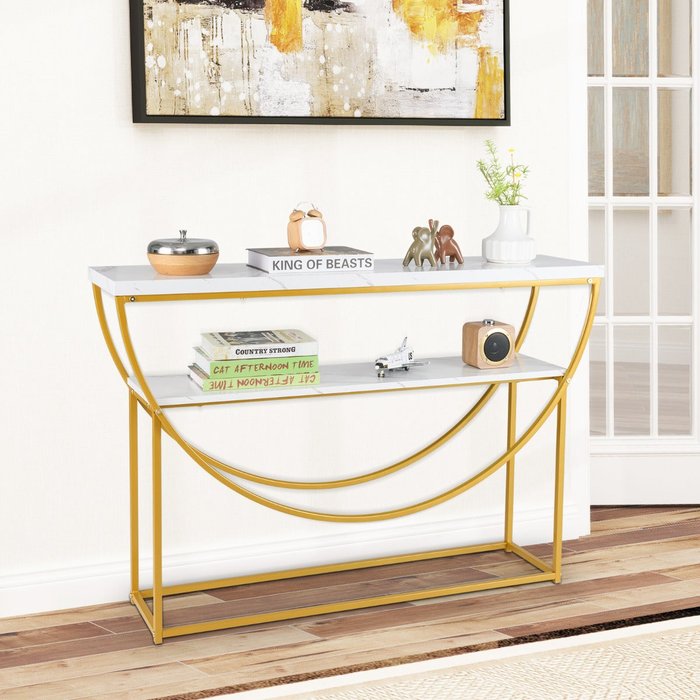 Mesa consola 2 niveles mármol blanco dorado 120x30cm entrada recibidor
