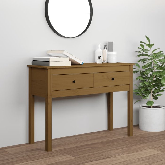 Mesa consola, color miel, 100x35x75 cm, madera maciza de pino.