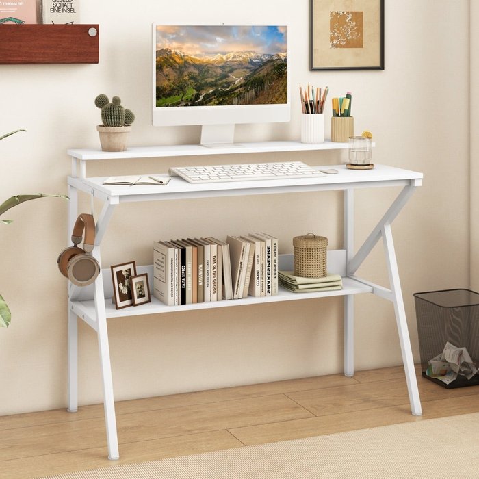 Mesa de escritorio compacta con soporte monitor y estante 100x48x81,5cm blanco
