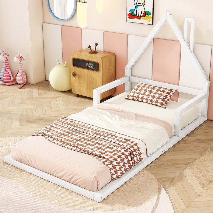 Cama infantil 90x200cm, forma de casa, madera de pino, blanca, sin colchón