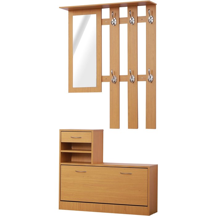 Mueble perchero entrada 3 piezas con espejo zapatero cajón 90x10x91cm madera