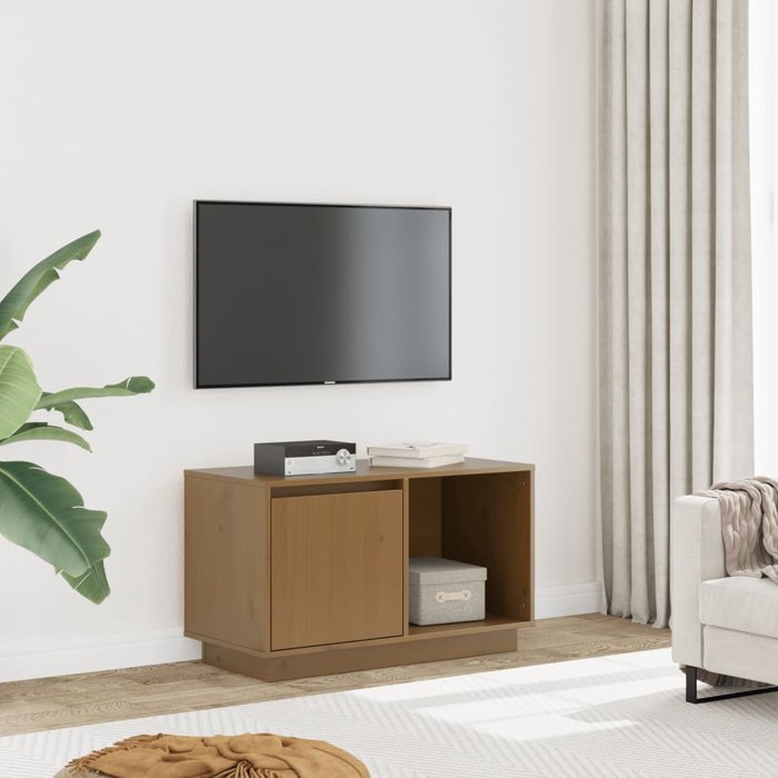 Mueble de tv marrón miel, 74x35x44 cm, madera maciza de pino