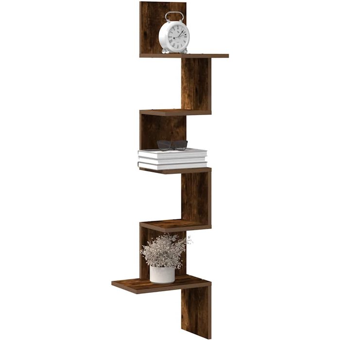 Estante esquinero de pared de madera de roble ahumado.
