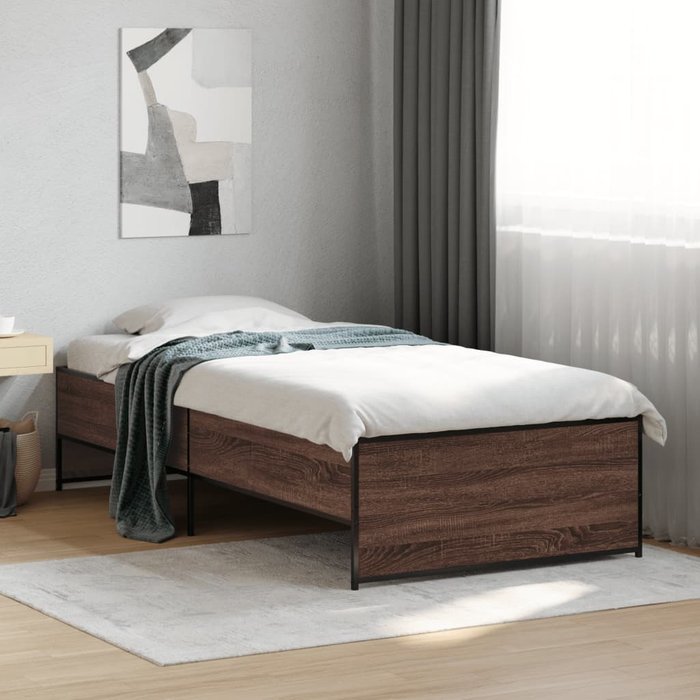 Estructura cama madera ingeniería metal roble marrón 75x190 cm