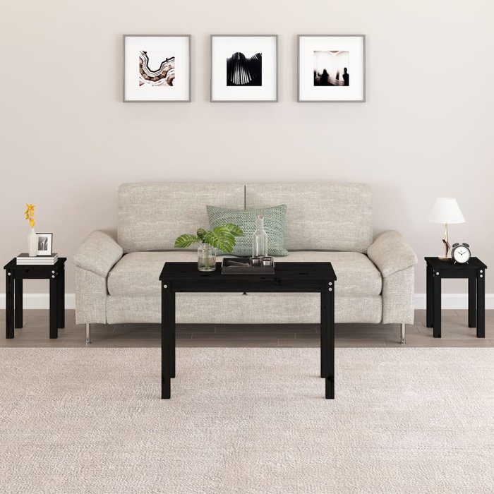 Mesas nido 3 piezas negro madera maciza de pino