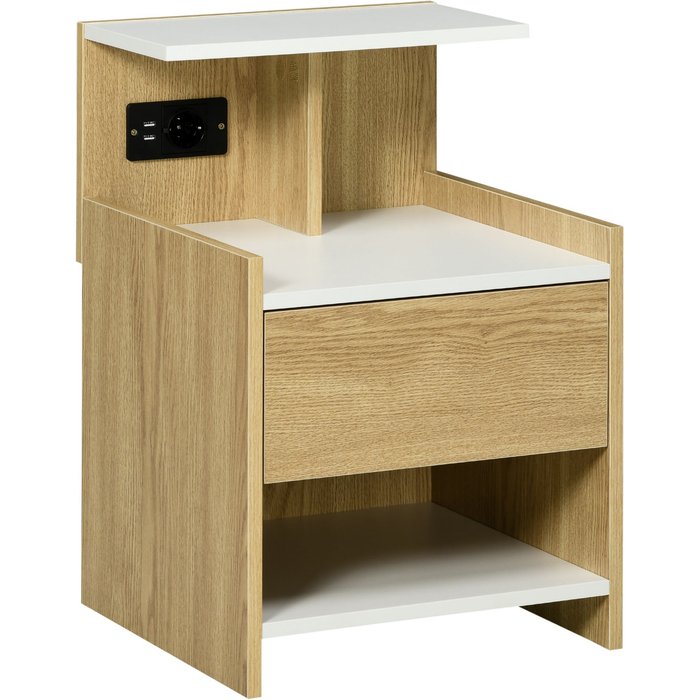 Mesa de noche moderna con usb y toma eléctrica 40x40x60cm madera natural