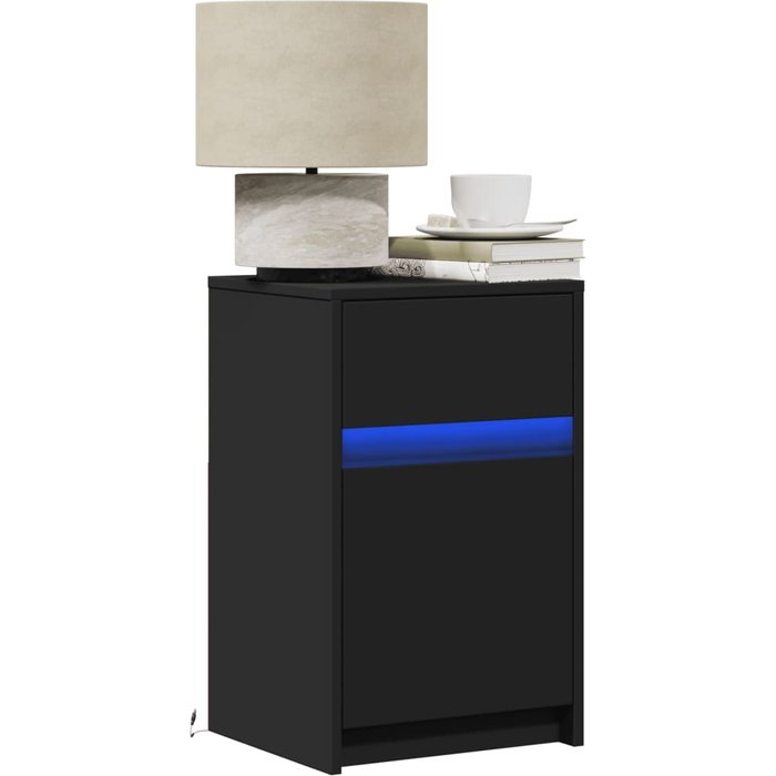 Mesita de noche con luces led, madera de ingeniería negra.