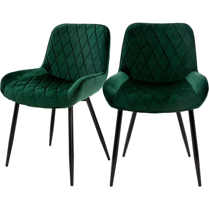 Set 2x sillas de comedor / salón retro de terciopelo verde con patas de metal