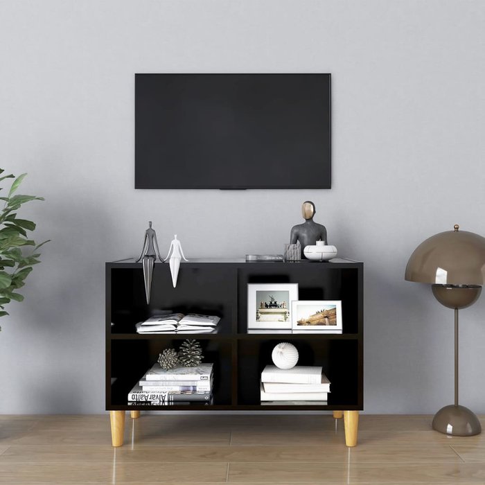 Mueble de tv con patas de madera maciza, negro, 69,5x30x50 cm