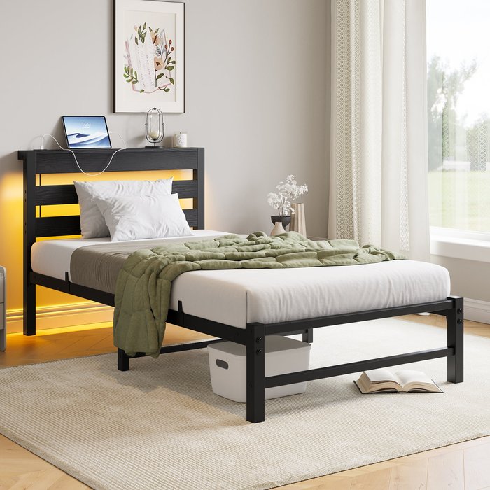 Cama individual 90x200 cm, led, usb, estructura metálica negra, sin colchón