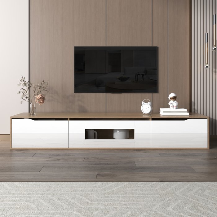 Mueble tv 180x30x35 cm blanco+madera - high-gloss parcial + led 16 colores