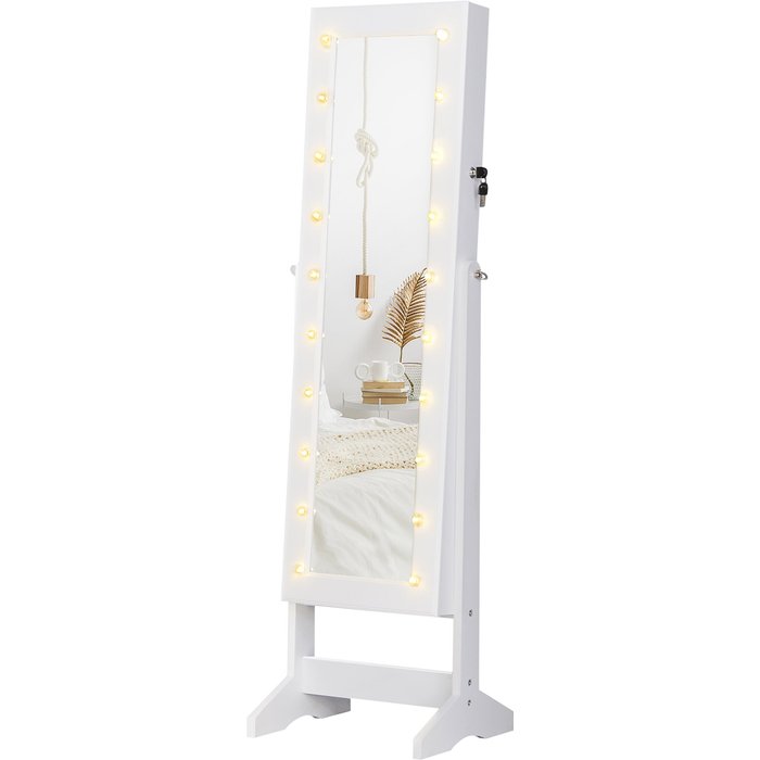 Joyero con espejo ajustable y 20 luces led, madera, blanco, 40x37x146 cm