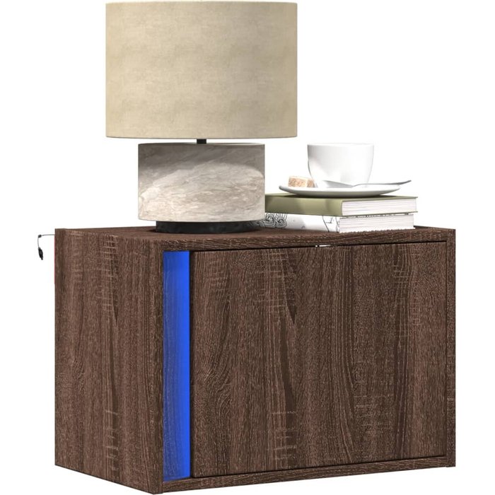 Mesitas de noche de pared con luces led, 2 unidades, color roble marrón.