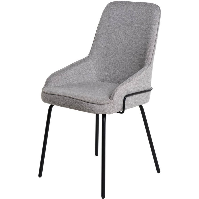 Silla petula tapizada gris claro con detalles metálicos negros y patas finas.