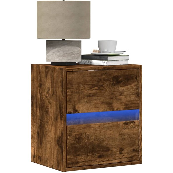 Mesita de noche de pared con luces led roble ahumado