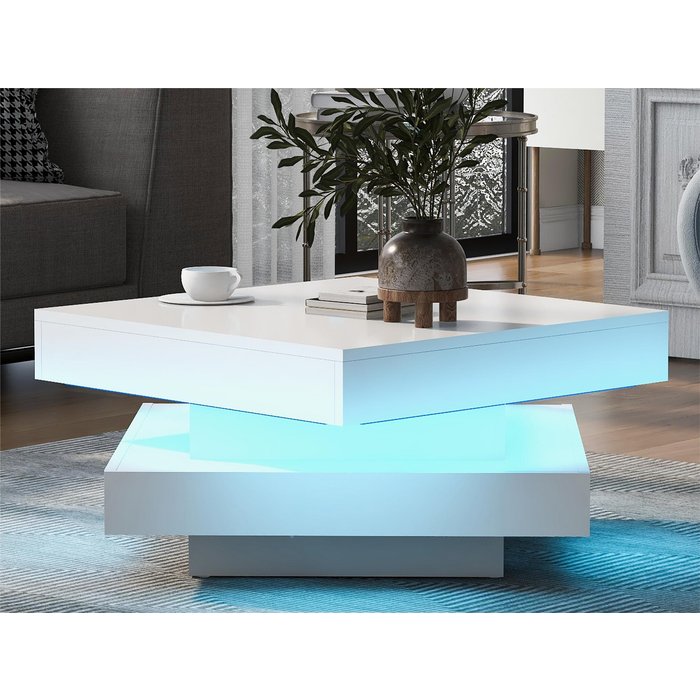 Mesa de centro giratoria con led en 16 colores - forma cuadrada - blanco