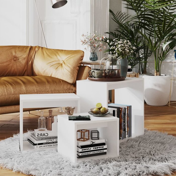 Mesas apilables 3 piezas madera contrachapada blanco - comfortxl